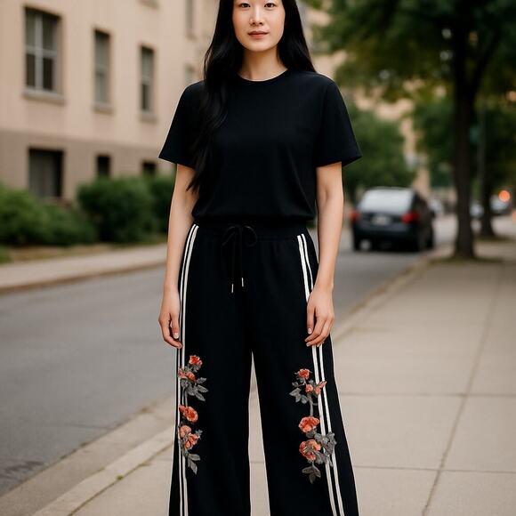 Calvin Klein Performance Floral-Trim Wide-Leg Culotte Pants Black Size M NWOT - Picture 3 of 13